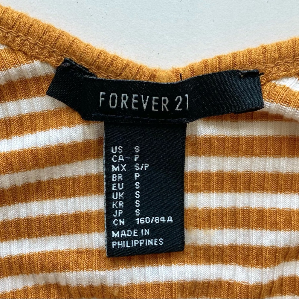 NWOT Forever 21 Deep V Mustard and White Striped Bodysuit - Picture 2 of 5